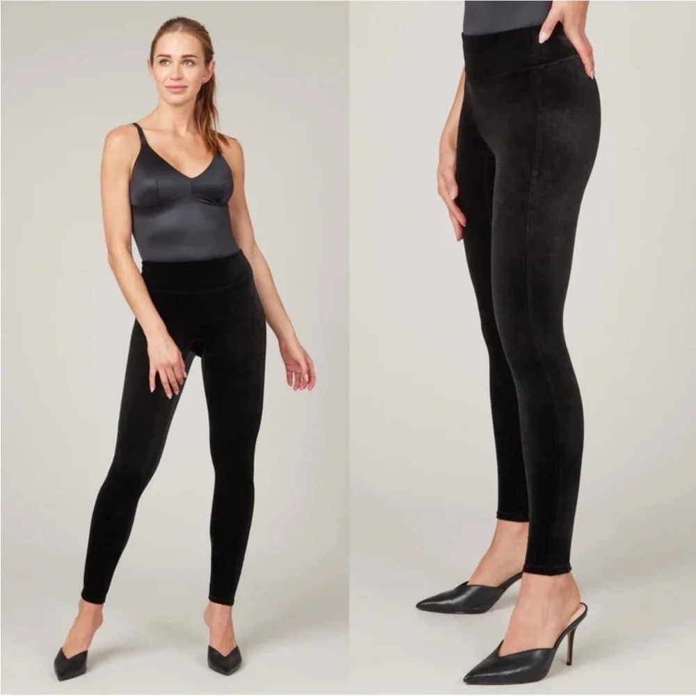 Spanx EUC Shiny Velvet High Waisted Leggings Black L Bodycon Holiday Shapewear - Picture 1 of 16